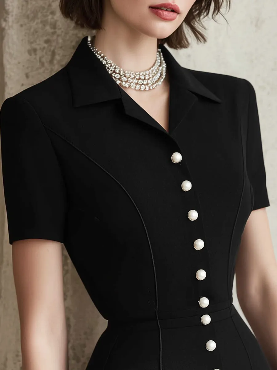 Black Tailored Button-Front Midi Dress With Short Sleeves sold by Mooyius product image thumbnail 2