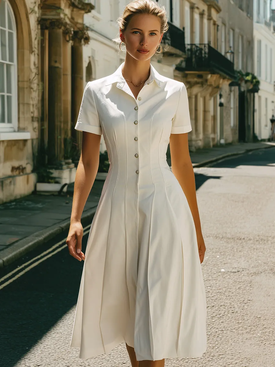 White Tailored Button-Front Midi Dress With Short Sleeves sold by Mooyius product image thumbnail 2