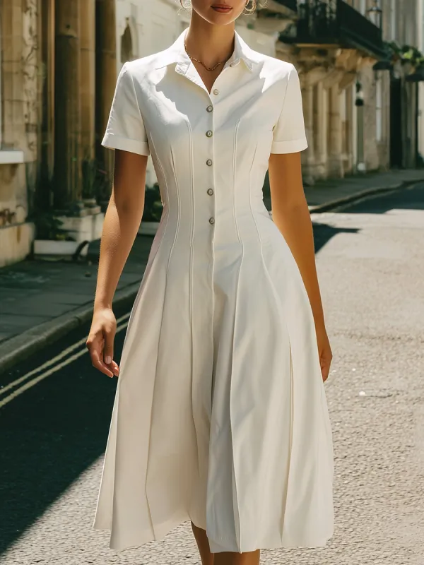 White Tailored Button-Front Midi Dress With Short Sleeves sold by Mooyius
