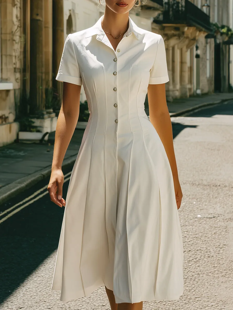 White Tailored Button-Front Midi Dress With Short Sleeves sold by Mooyius