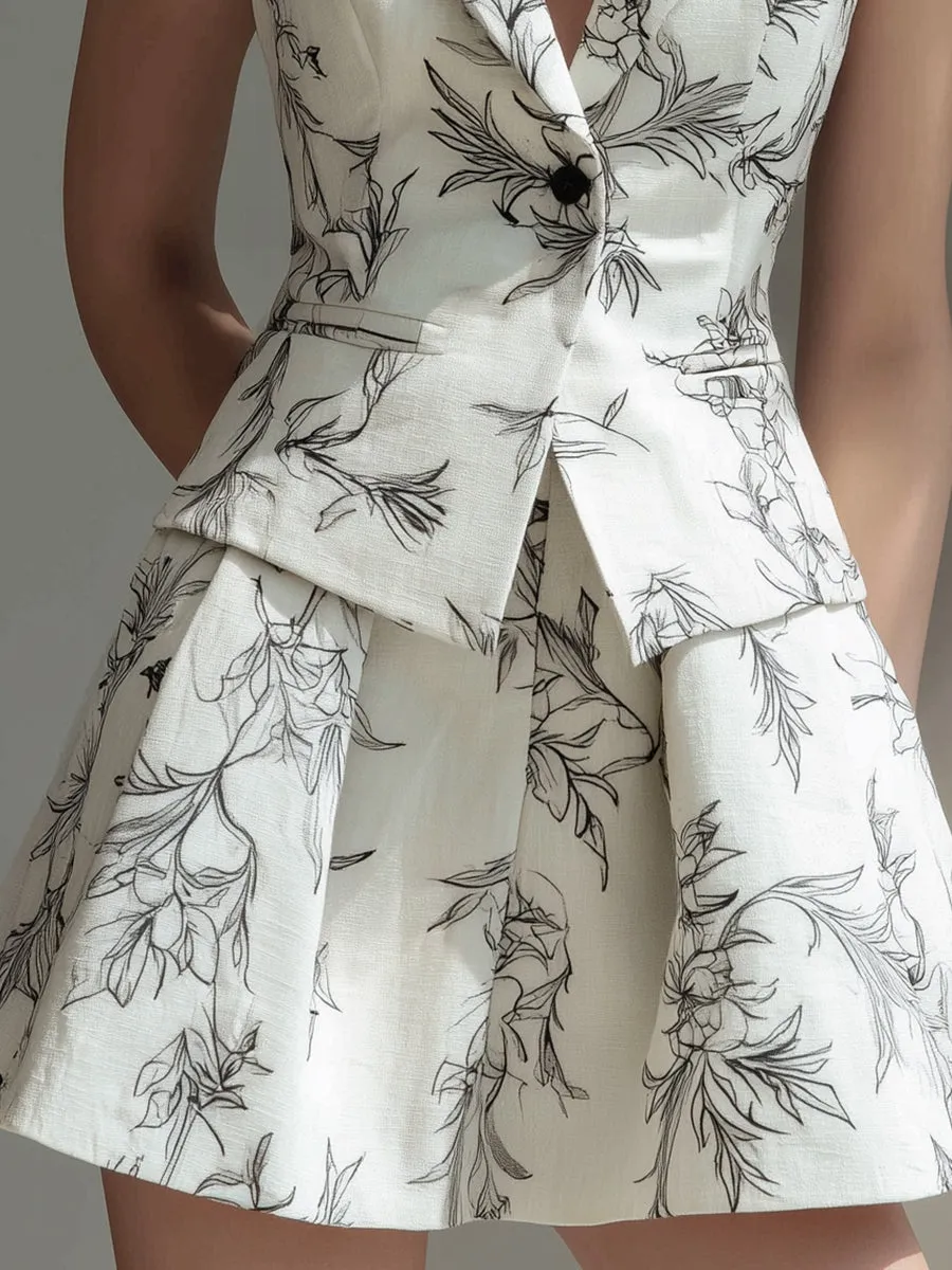 Ivory Botanical Print Tailored Vest & Skirt Two-Piece Set sold by Mooyius product image thumbnail 3