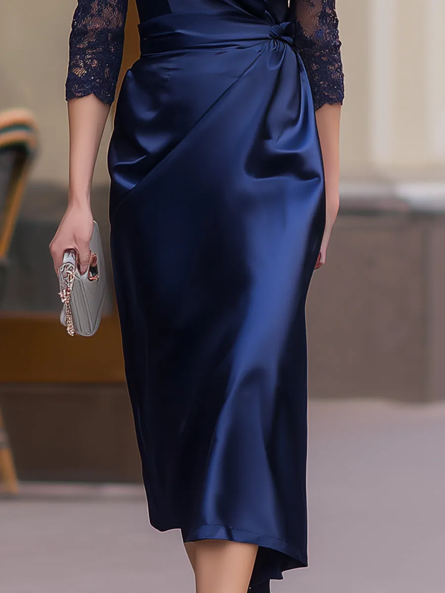 Navy Satin Wrap Midi Dress With Lace Sleeves sold by Mooyius product image thumbnail 4