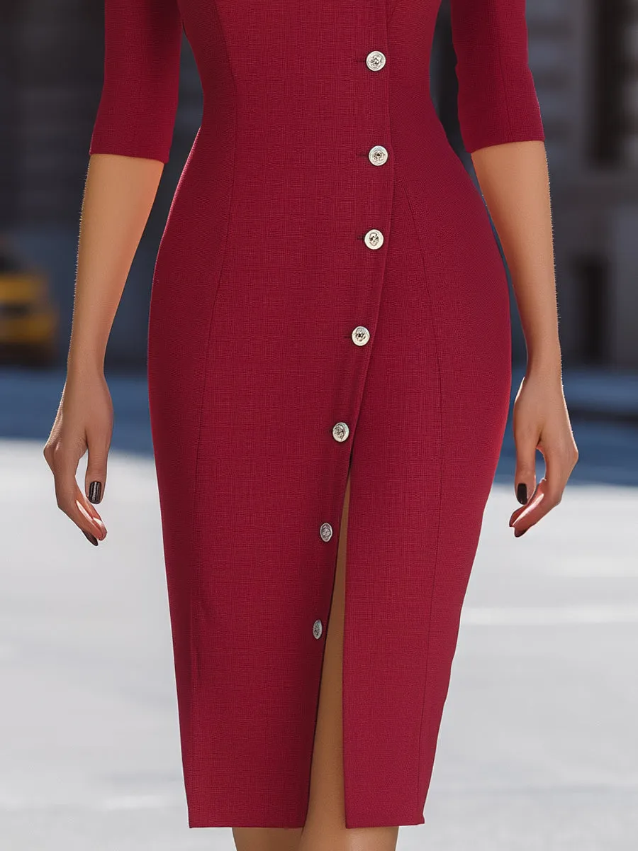 Asymmetric Button-Front V-Neck Sheath Dress sold by Mooyius product image thumbnail 4