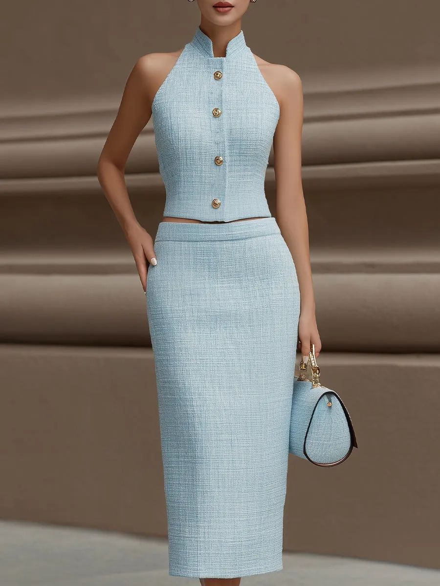 Light Blue Tweed Halter Top & Midi Skirt Set sold by Mooyius