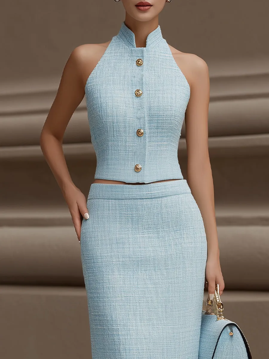 Light Blue Tweed Halter Top & Midi Skirt Set sold by Mooyius product image thumbnail 2