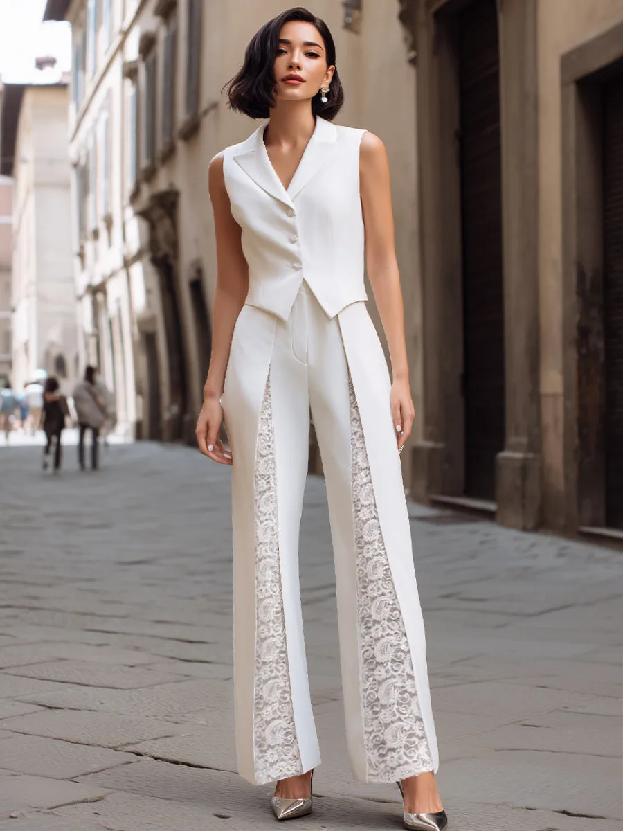 Elegant Tailored Vest & Lace-Panel Wide-Leg Pants Set sold by Mooyius product image thumbnail 2