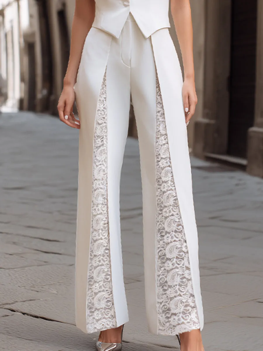 Elegant Tailored Vest & Lace-Panel Wide-Leg Pants Set sold by Mooyius product image thumbnail 4