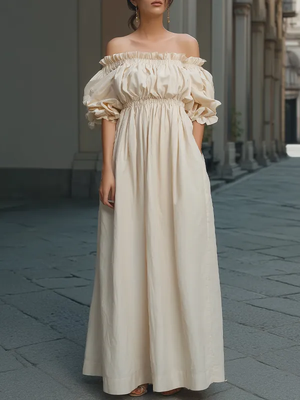 Off-Shoulder Smocked Maxi Dress With Puff Sleeves made by Mooyius