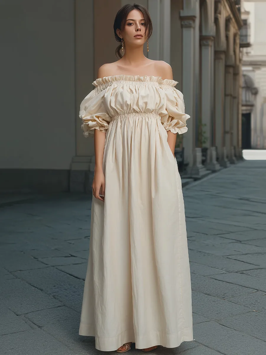 Off-Shoulder Smocked Maxi Dress With Puff Sleeves sold by Mooyius product image thumbnail 2