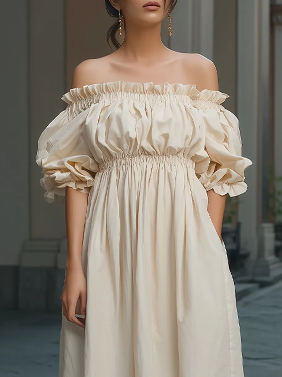 Off-Shoulder Smocked Maxi Dress With Puff Sleeves sold by Mooyius product image thumbnail 3