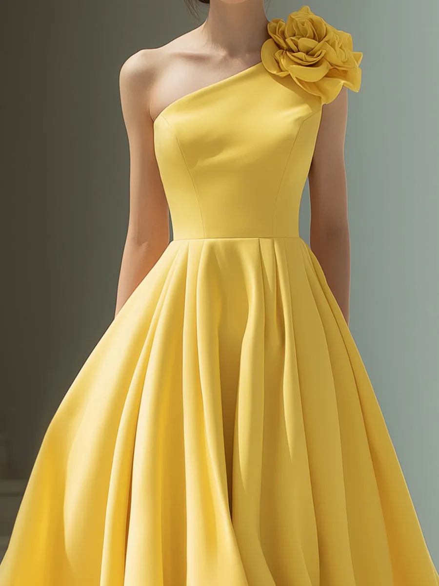Yellow One-Shoulder Floral-Embellished Midi Dress sold by Mooyius product image thumbnail 2