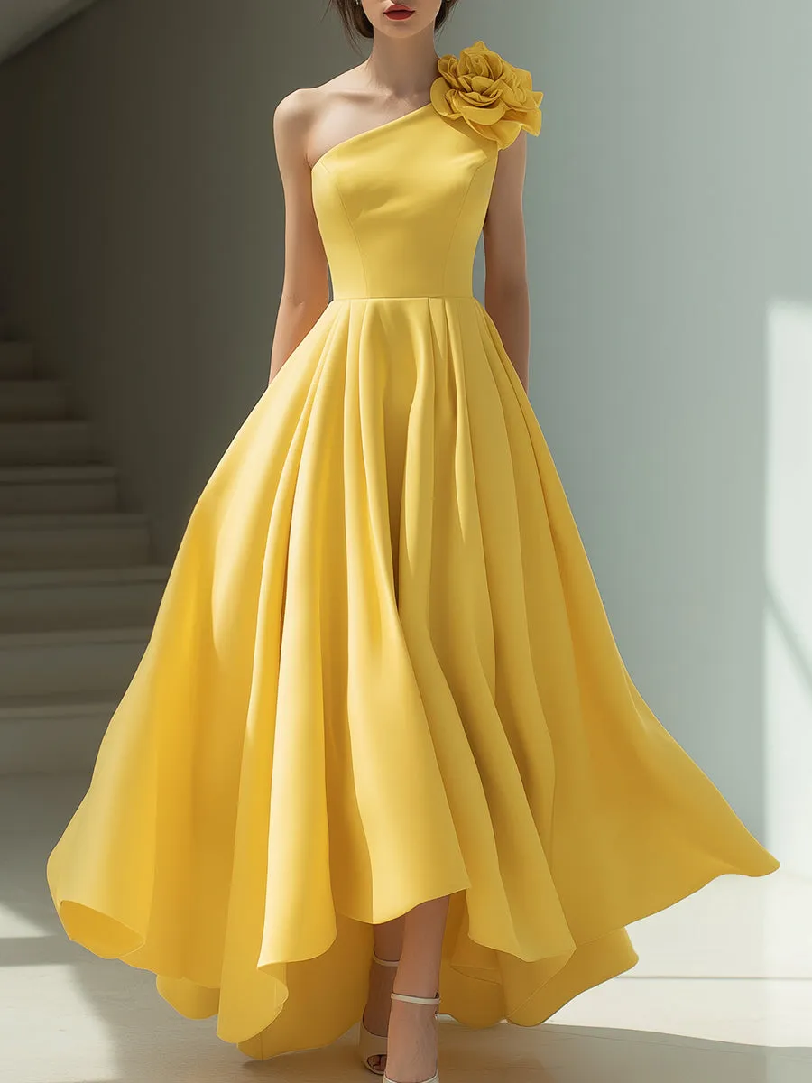 Yellow One-Shoulder Floral-Embellished Midi Dress sold by Mooyius