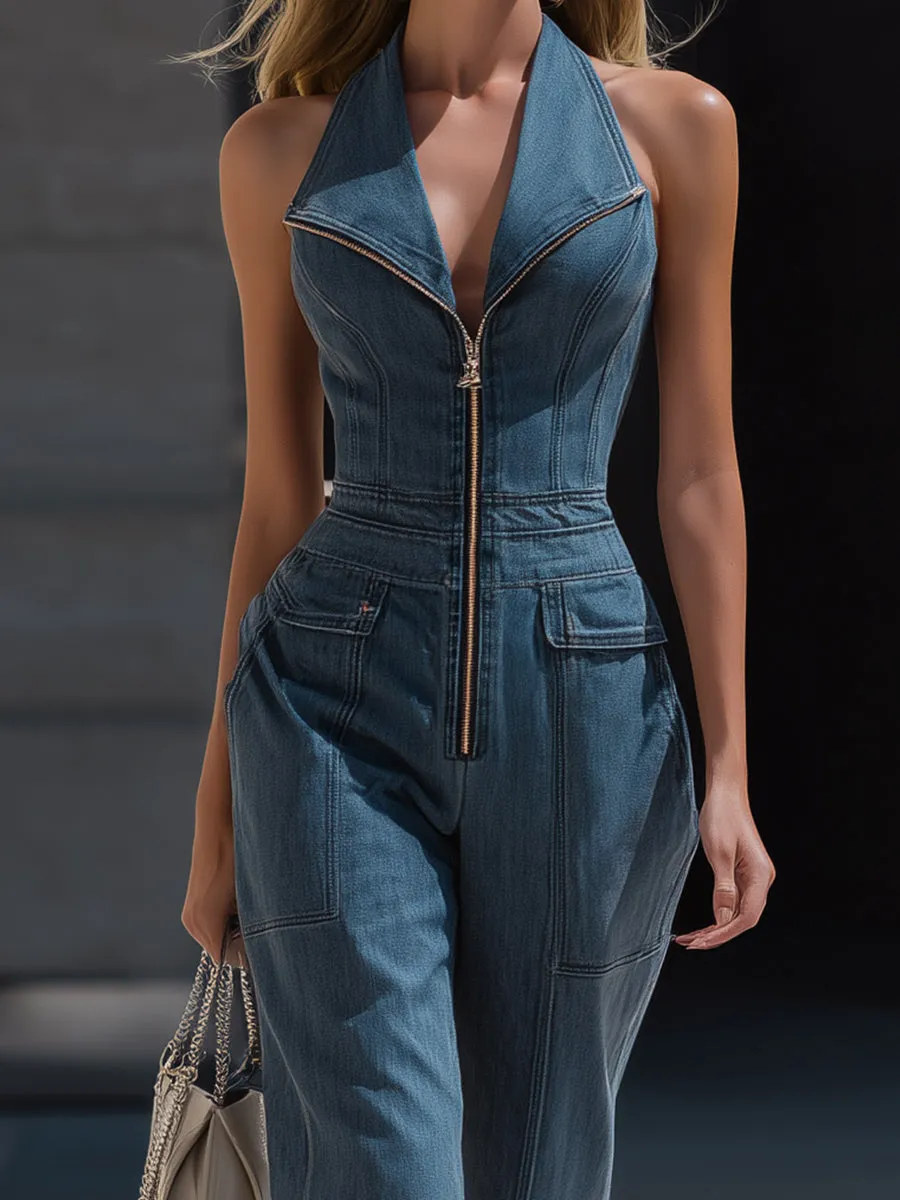 Denim Halter Neck Zip-Front Cropped-Leg Jumpsuit sold by Mooyius product image thumbnail 2