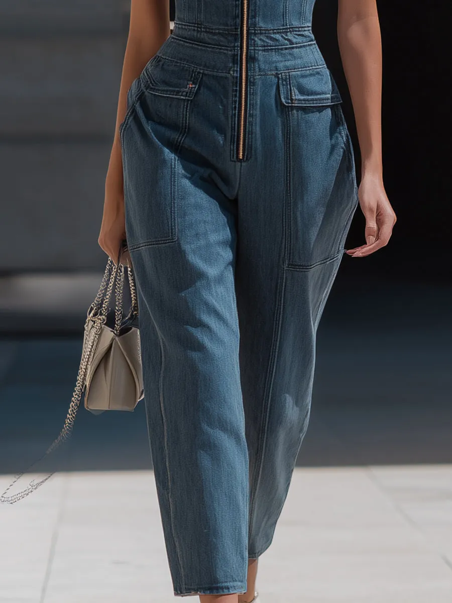 Denim Halter Neck Zip-Front Cropped-Leg Jumpsuit sold by Mooyius product image thumbnail 3