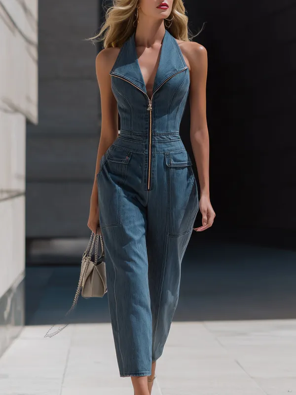 Denim Halter Neck Zip-Front Cropped-Leg Jumpsuit made by Mooyius