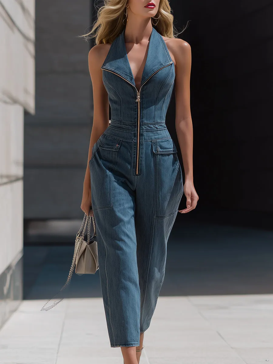 Denim Halter Neck Zip-Front Cropped-Leg Jumpsuit sold by Mooyius