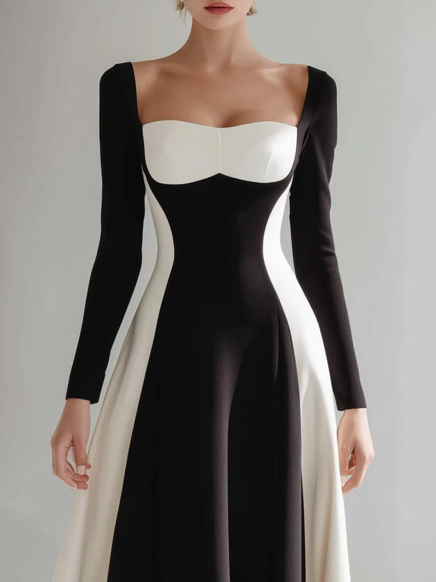 Black & Ivory Color-Block Sweetheart Neck Midi Dress sold by Mooyius product image thumbnail 3