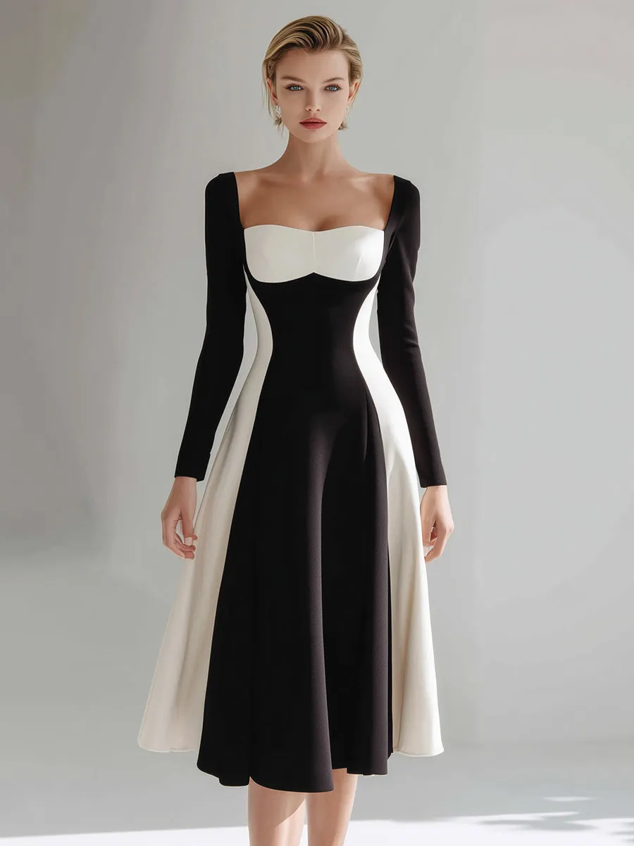 Black & Ivory Color-Block Sweetheart Neck Midi Dress sold by Mooyius product image thumbnail 2