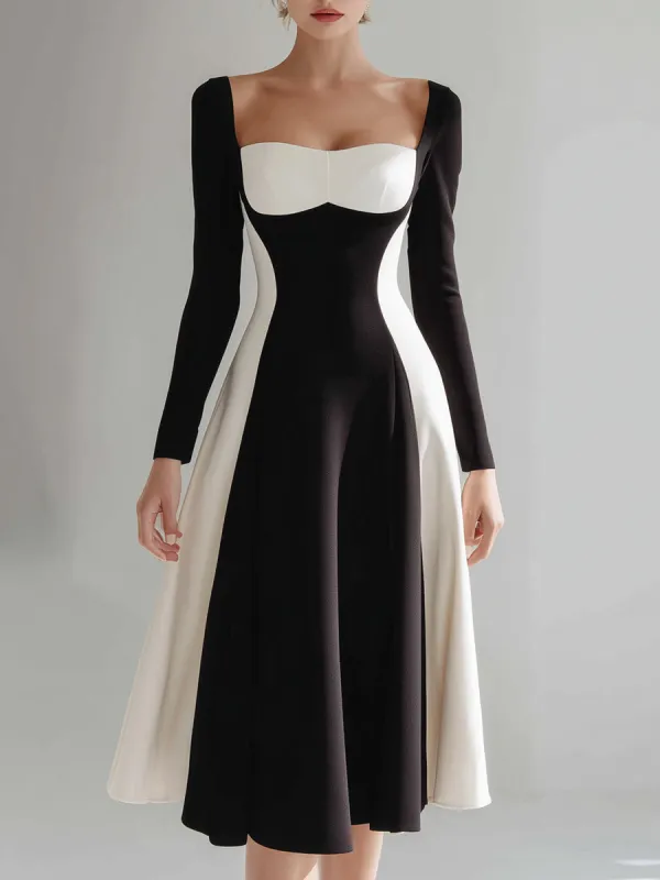Black & Ivory Color-Block Sweetheart Neck Midi Dress made by Mooyius