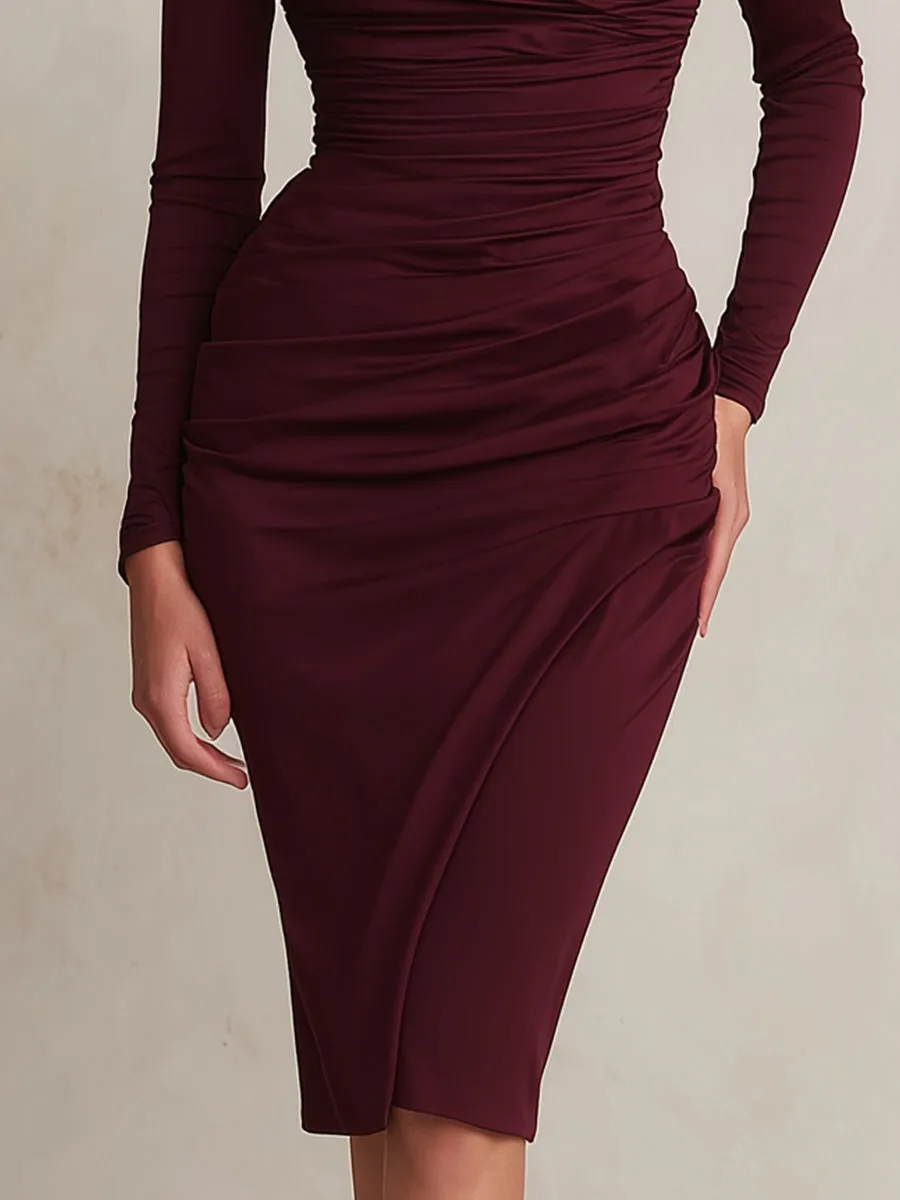 Burgundy Off-Shoulder Ruched Midi Dress sold by Mooyius product image thumbnail 3