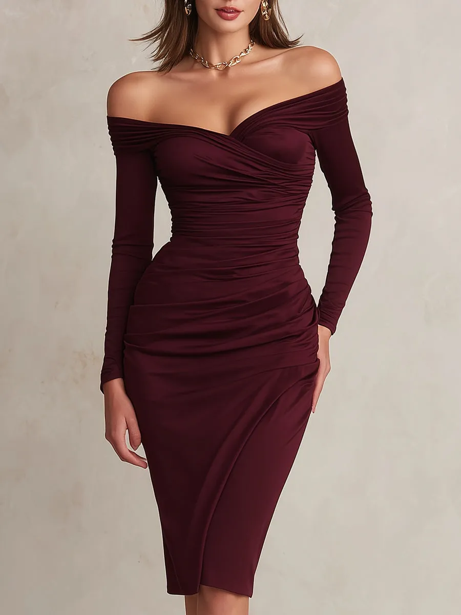 Burgundy Off-Shoulder Ruched Midi Dress sold by Mooyius