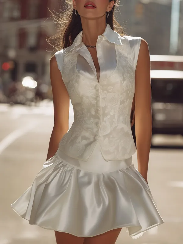 Elegant Floral Jacquard Vest & Sleeveless Flared Dress Set sold by Mooyius