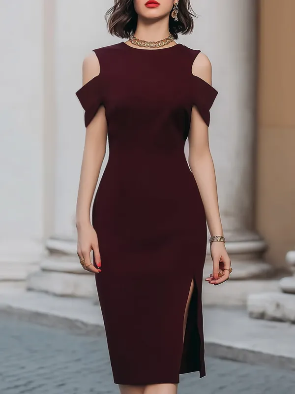 Elegant Cold-Shoulder Slit Midi Dress made by Mooyius