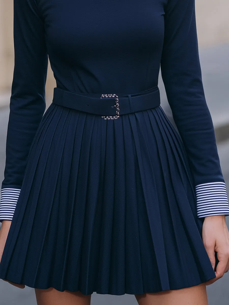 Striped-Collar Belted Pleated Long-Sleeve Dress sold by Mooyius product image thumbnail 4