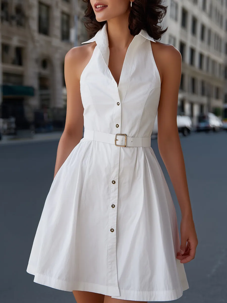 Belted Button-Front Sleeveless Shirt Dress sold by Mooyius