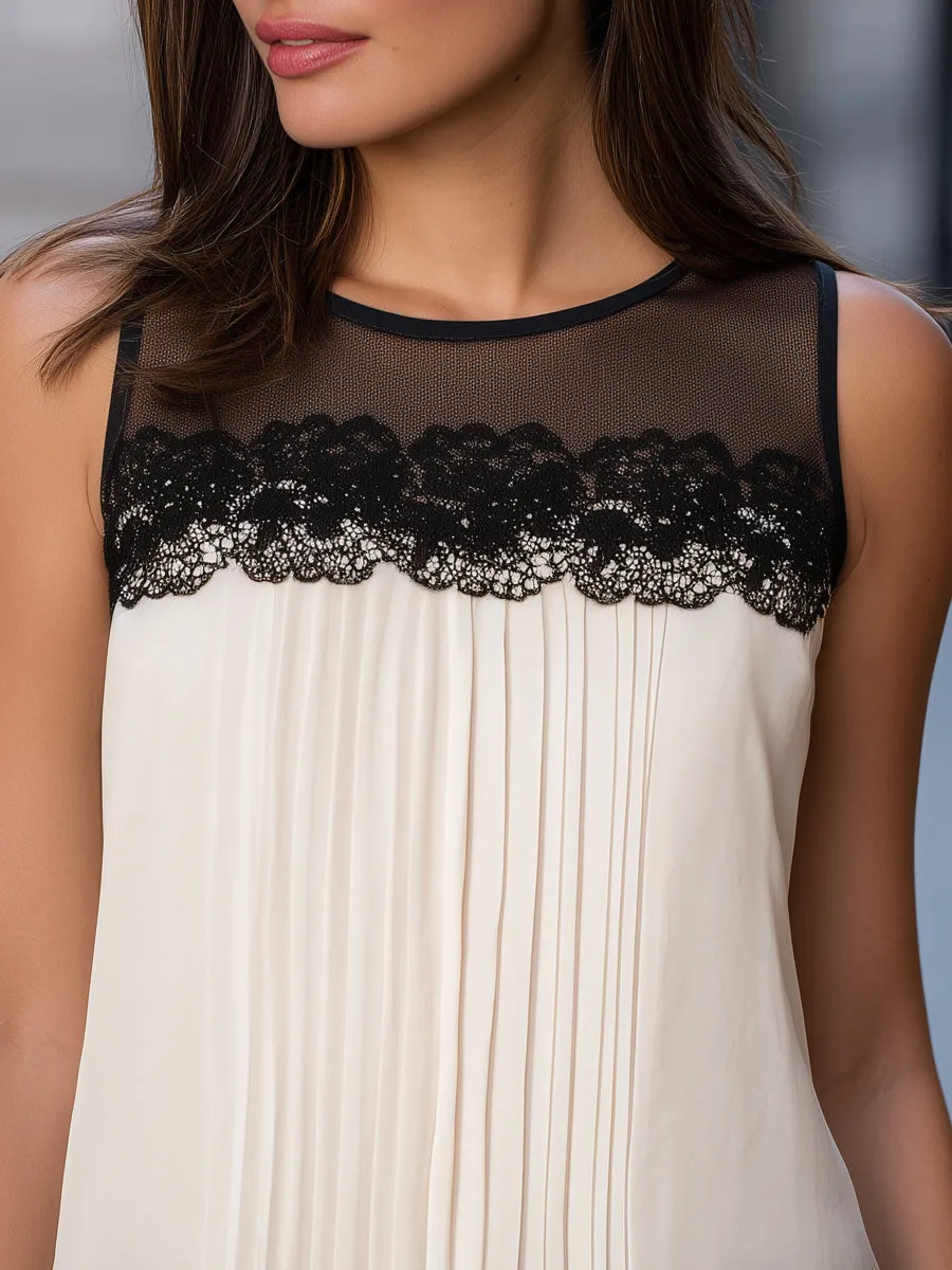 Lace-Trim Pleated Sleeveless Chiffon Blouse sold by Mooyius product image thumbnail 3