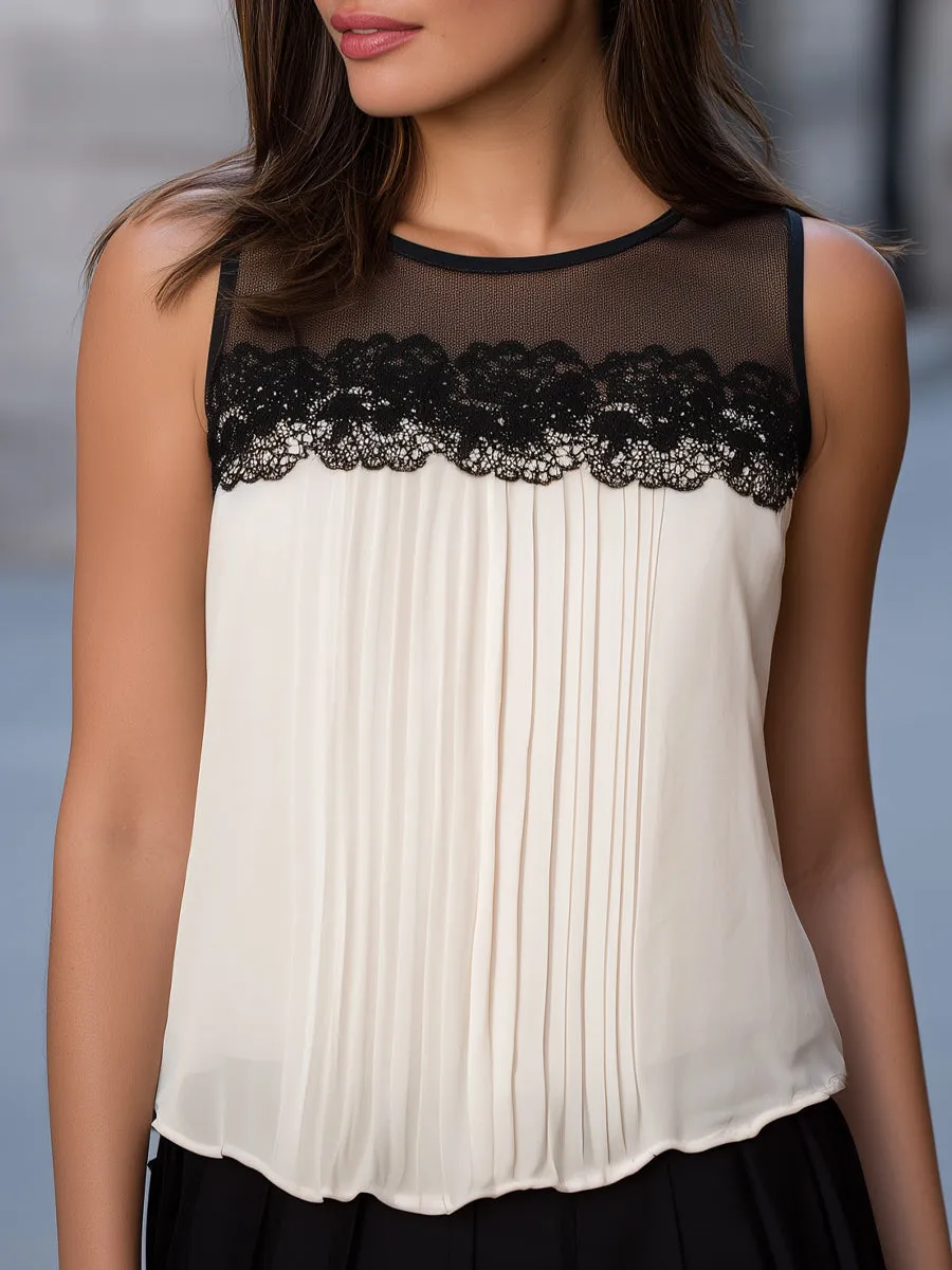 Lace-Trim Pleated Sleeveless Chiffon Blouse sold by Mooyius
