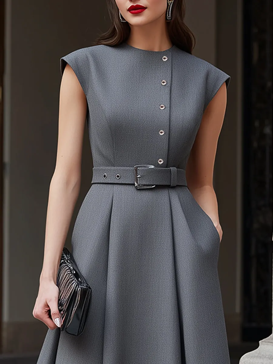 Belted Button-Detail Tailored Midi Dress sold by Mooyius product image thumbnail 3