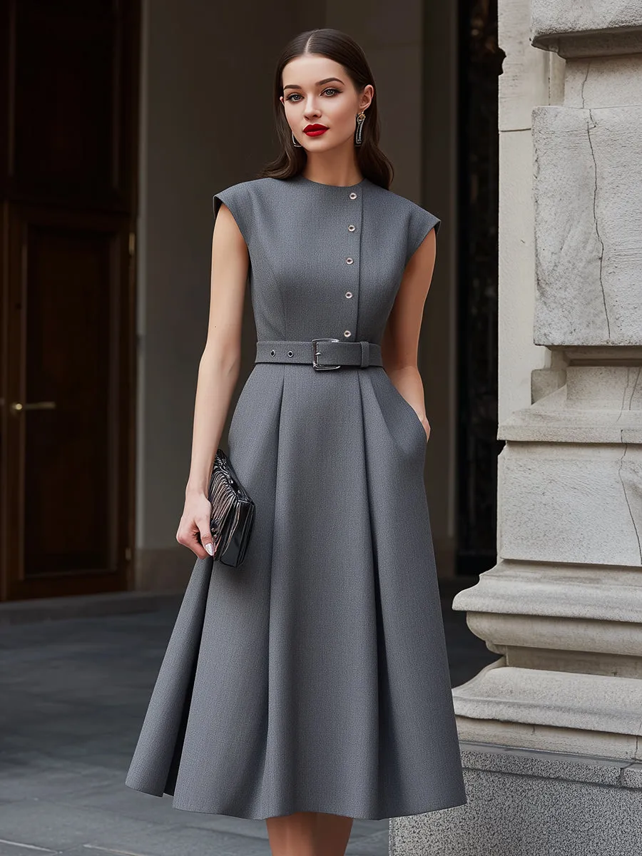 Belted Button-Detail Tailored Midi Dress sold by Mooyius product image thumbnail 2