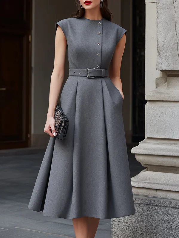 Belted Button-Detail Tailored Midi Dress made by Mooyius