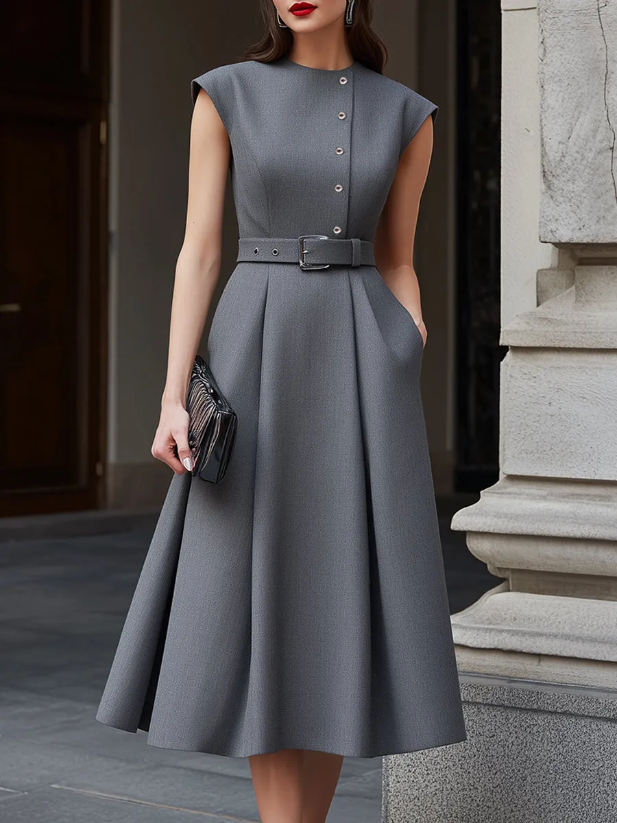 Belted Button-Detail Tailored Midi Dress sold by Mooyius