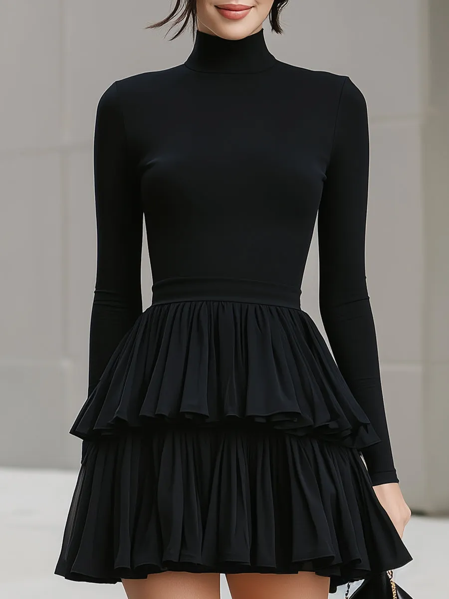 Black Turtleneck Tiered Ruffle Mini Dress sold by Mooyius