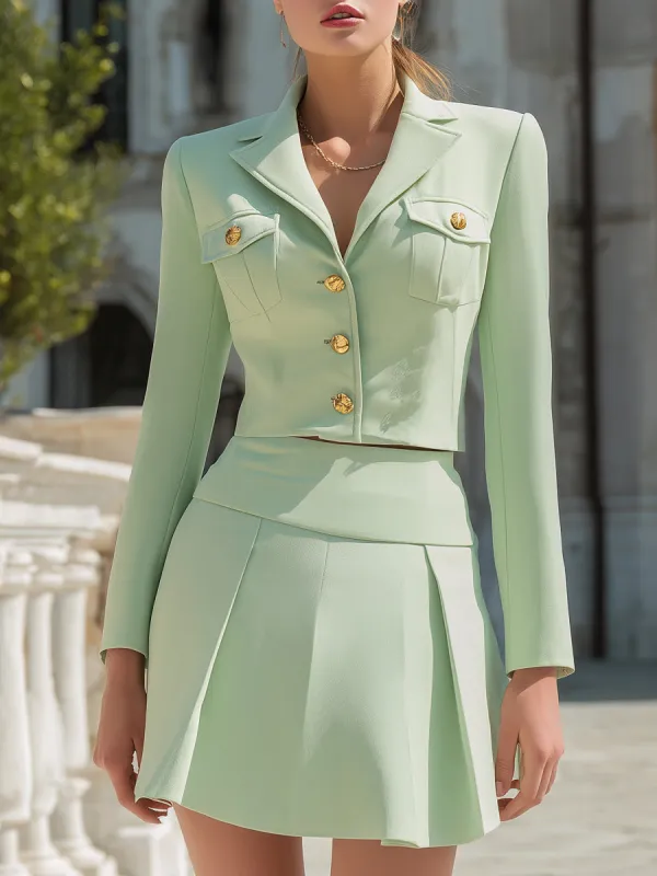 Mint Green Cropped Blazer & Pleated Mini Skirt Set made by Mooyius