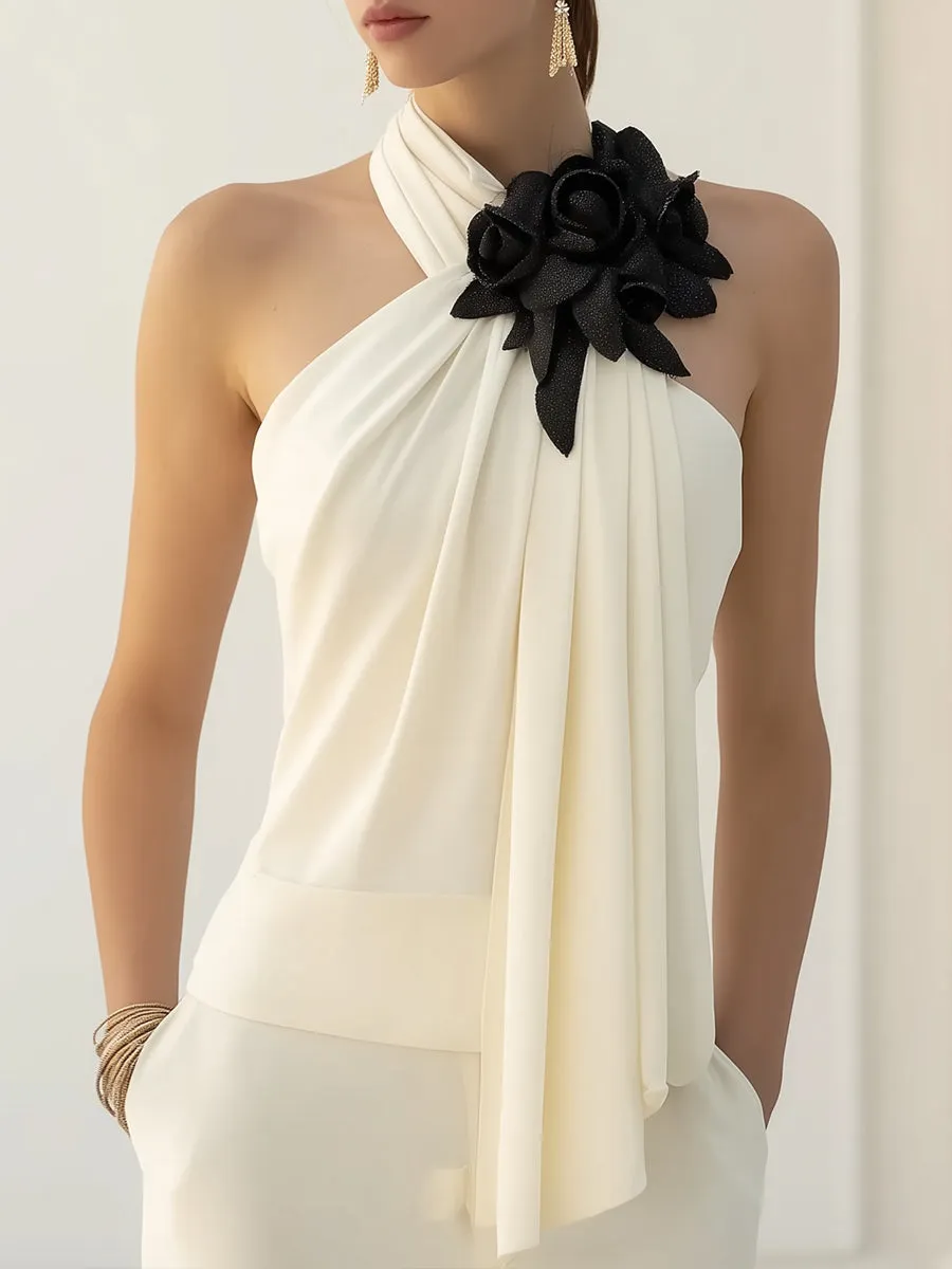 Chic Draped Halter Top With Elegant Floral Detailing sold by Mooyius