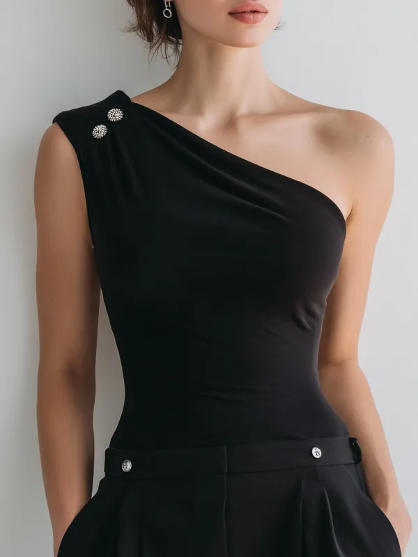 Asymmetrical One-Shoulder Top With Gem Accents sold by Mooyius