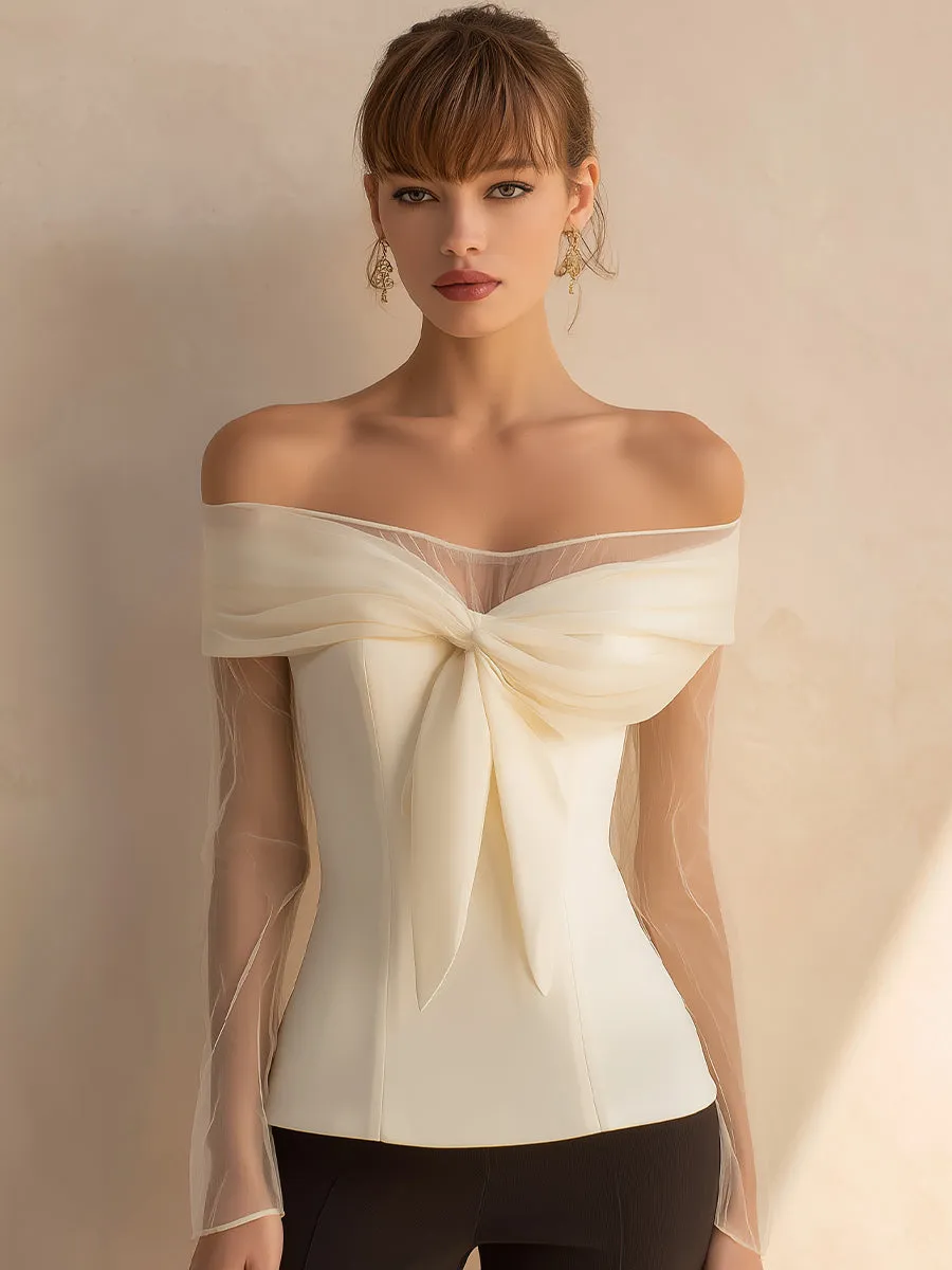Off-Shoulder Bow Detail Top With Sheer Sleeves sold by Mooyius product image thumbnail 2