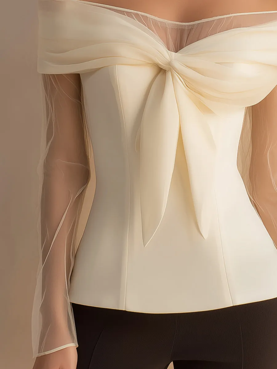 Off-Shoulder Bow Detail Top With Sheer Sleeves sold by Mooyius product image thumbnail 4