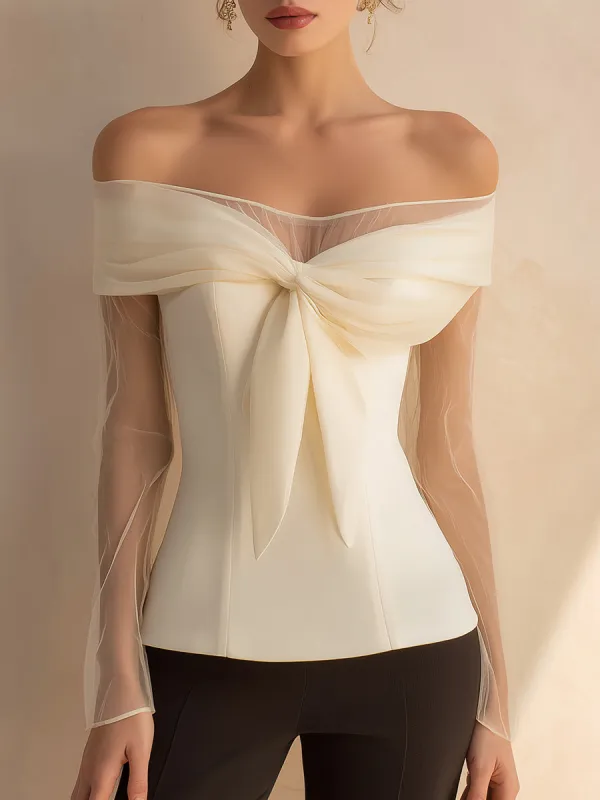 Off-Shoulder Bow Detail Top With Sheer Sleeves sold by Mooyius