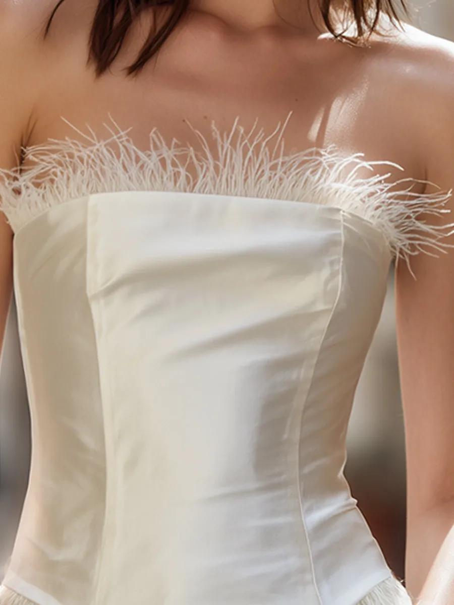 Ivory Strapless Top With Feather Trim sold by Mooyius product image thumbnail 3