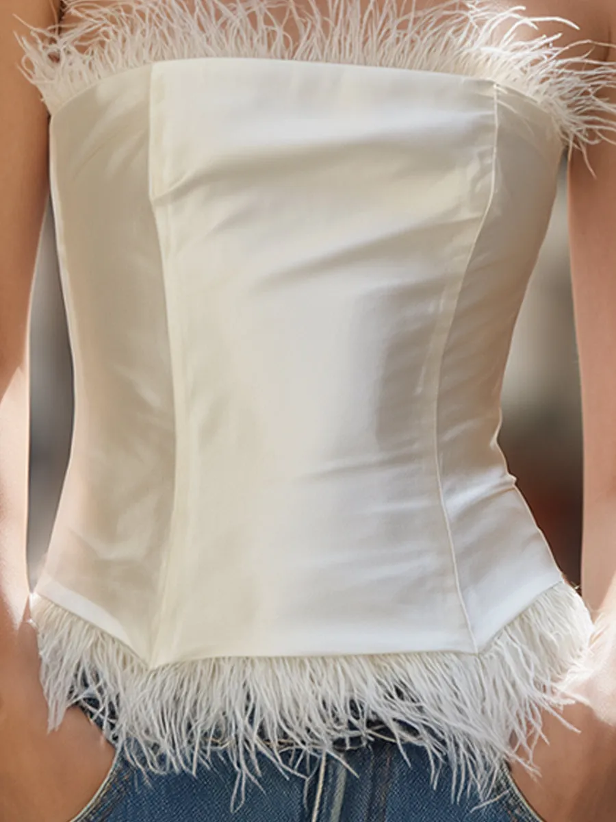 Ivory Strapless Top With Feather Trim sold by Mooyius product image thumbnail 4