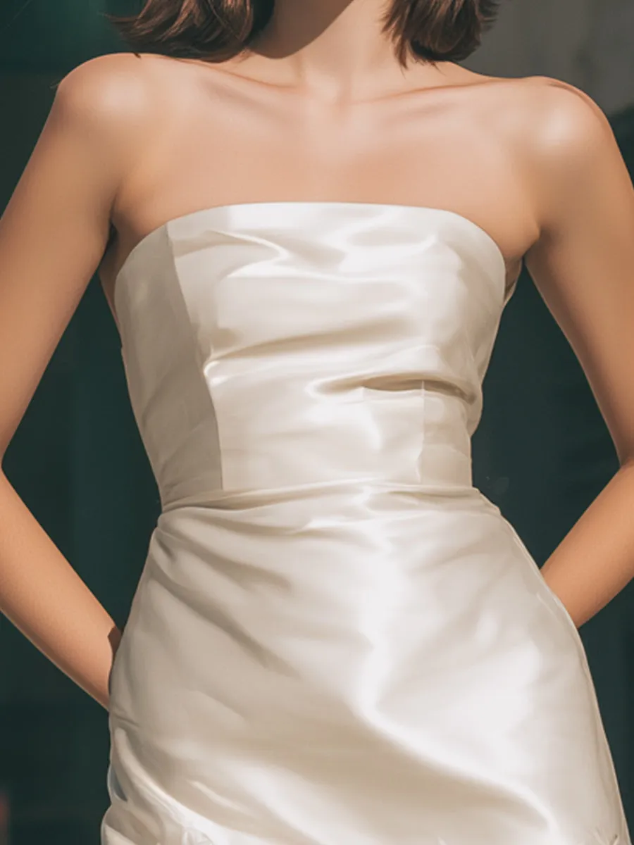 Ivory Strapless Satin Mini Dress With Feather Hem sold by Mooyius product image thumbnail 3