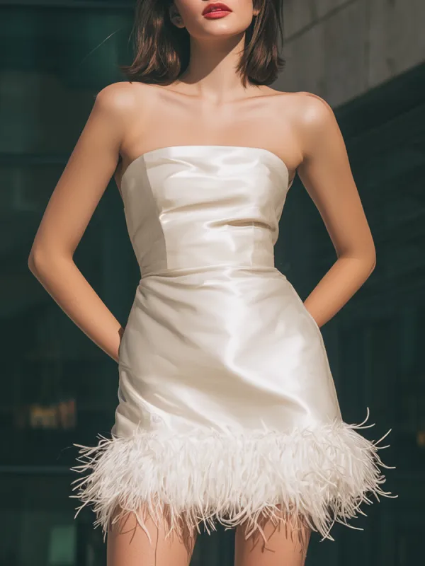 Ivory Strapless Satin Mini Dress With Feather Hem sold by Mooyius