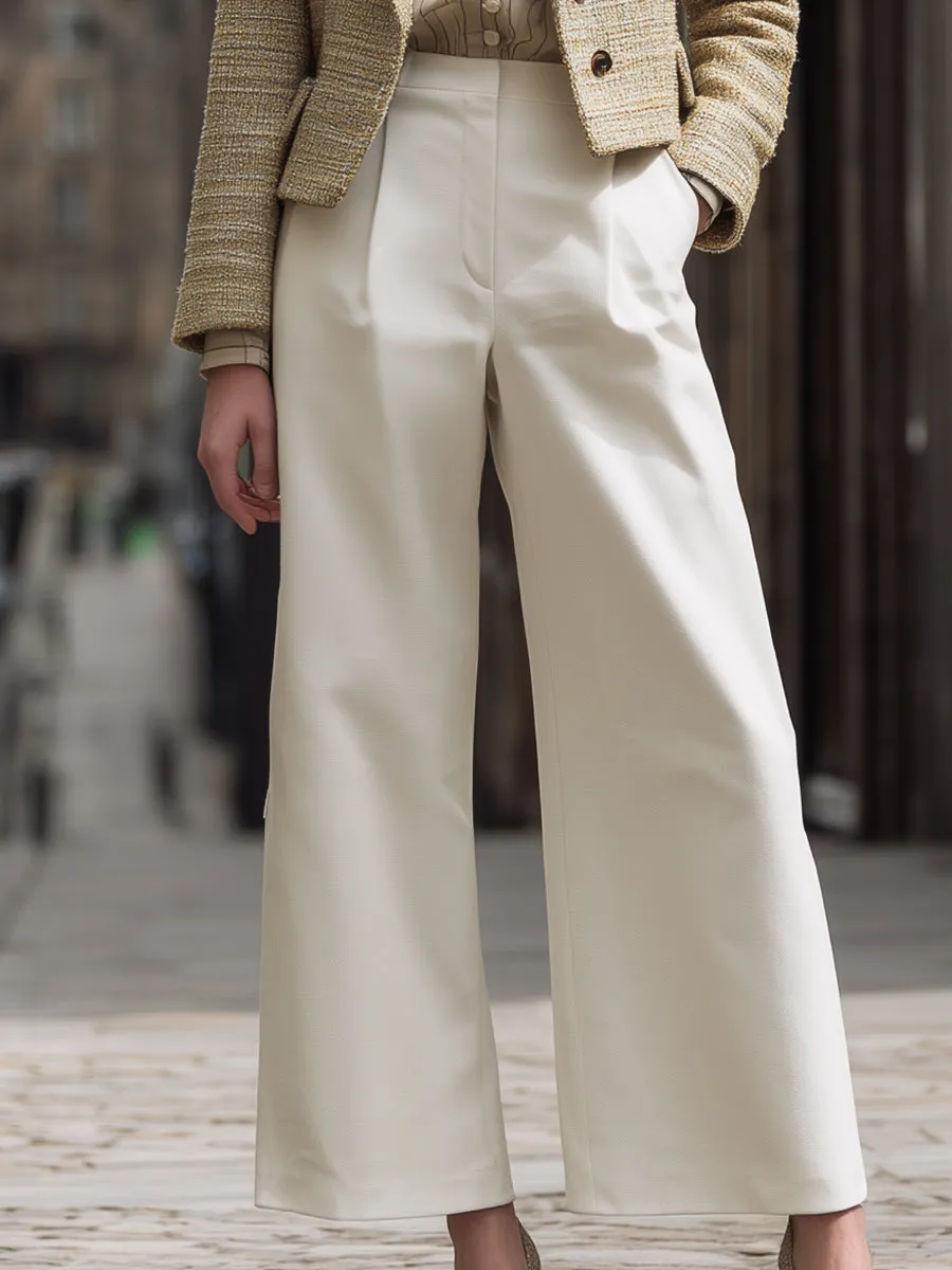 Beige Tweed Cropped Blazer & Ivory Wide-Leg Tailored Pants Set sold by Mooyius product image thumbnail 3