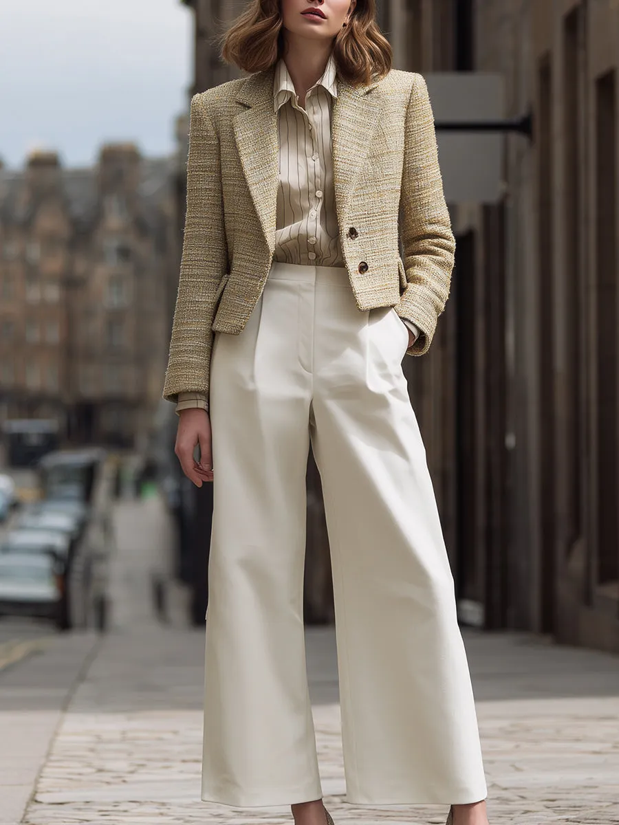Beige Tweed Cropped Blazer & Ivory Wide-Leg Tailored Pants Set sold by Mooyius