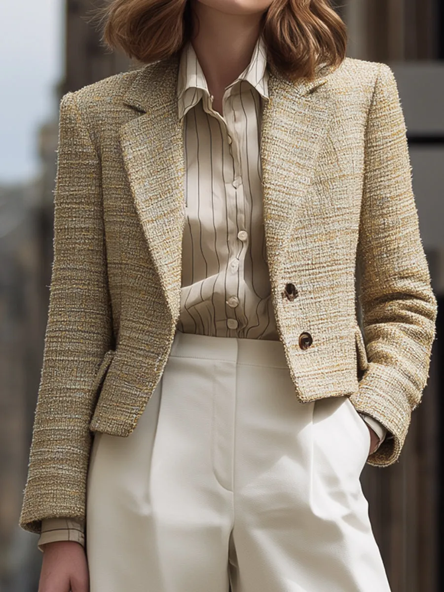 Beige Tweed Cropped Blazer & Ivory Wide-Leg Tailored Pants Set sold by Mooyius product image thumbnail 2