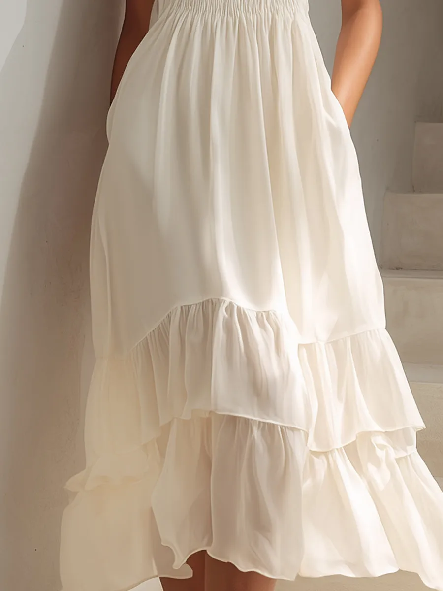 Ivory Halter Neck Tiered Midi Dress sold by Mooyius product image thumbnail 3